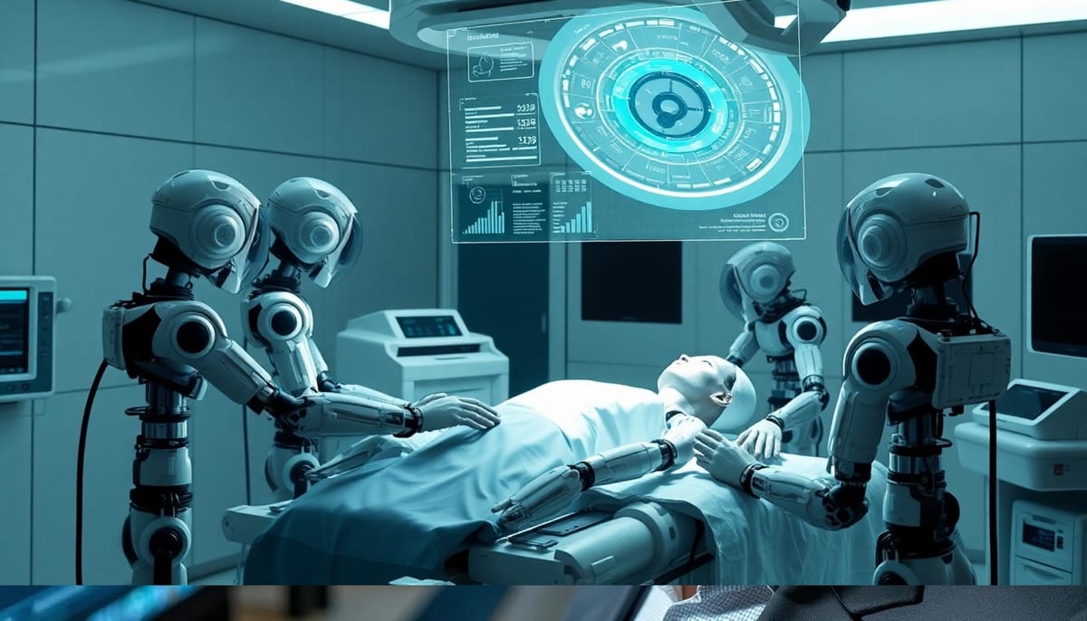 AI-generated visualization of future medical robotics in a surgical setting.
