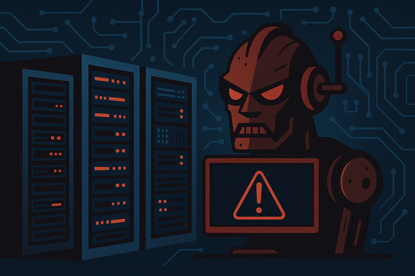 Stylized illustration of menacing AI robot with glowing red eye standing near server racks displaying warning symbols, representing weaponized artificial intelligence threats