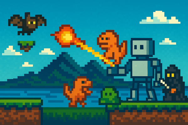 Pixel art of a robot and fire-breathing dragon battling enemies in a retro video game world with mountains, a lake, and a ninja in the background.