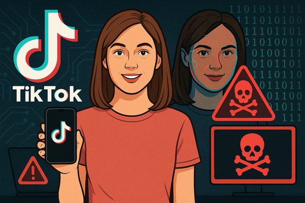 Split image of a woman: one side normal TikTok creator, the other a glitchy, sinister deepfake. Red warning signs and binary code suggest an AI-driven cybersecurity threat.