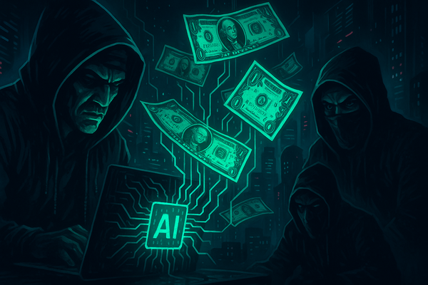 Stylized cybersecurity dashboard showing AI algorithms analyzing financial fraud patterns with criminal networks represented by digital connections