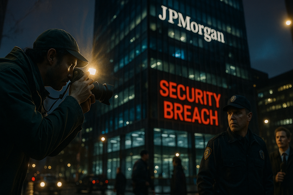 A front-line journalist capturing the moment under the glow of streetlights, with the towering JPMorgan logo and a bold “SECURITY BREACH” banner projected on its façade. 