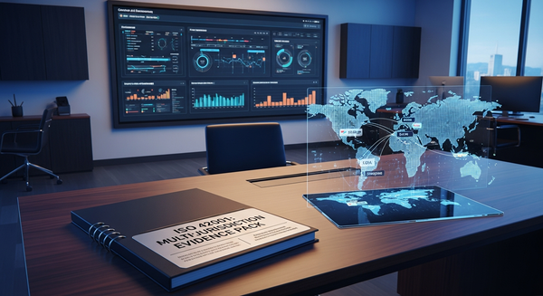 On a massive, sleek mahogany desk sits a thick, premium-bound physical folder labeled 'ISO 42001: Multi-Jurisdiction Evidence Pack' in embossed silver lettering.